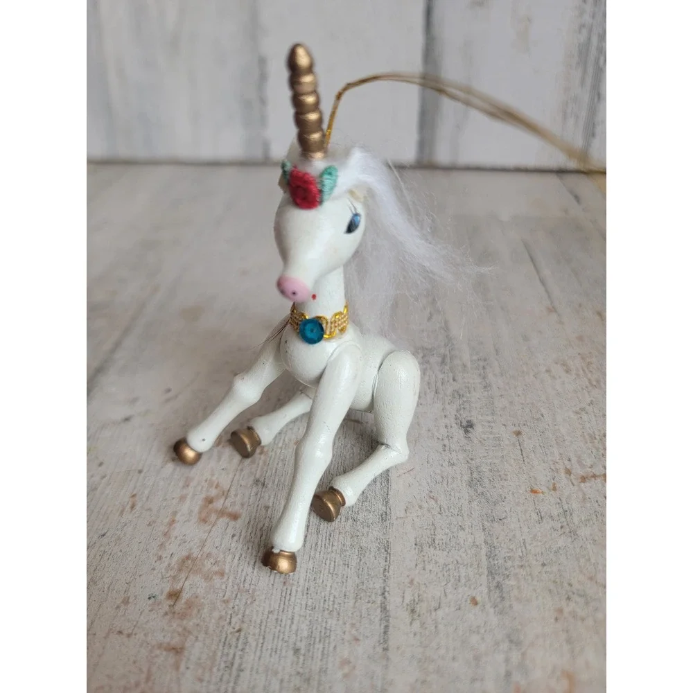 Vintage Kurt Adler unicorn sitting wooden ornament Xmas flower figure